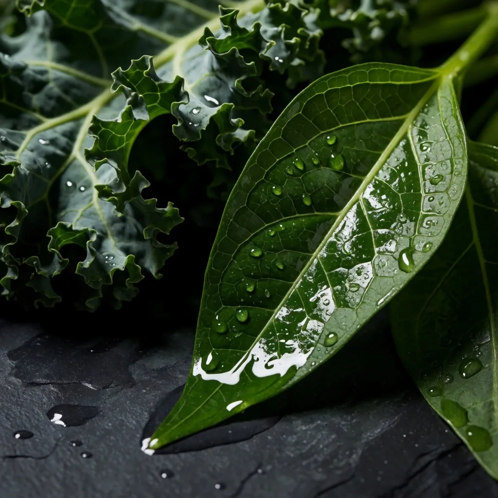 Dark leafy greens on a graphite surface under directional light