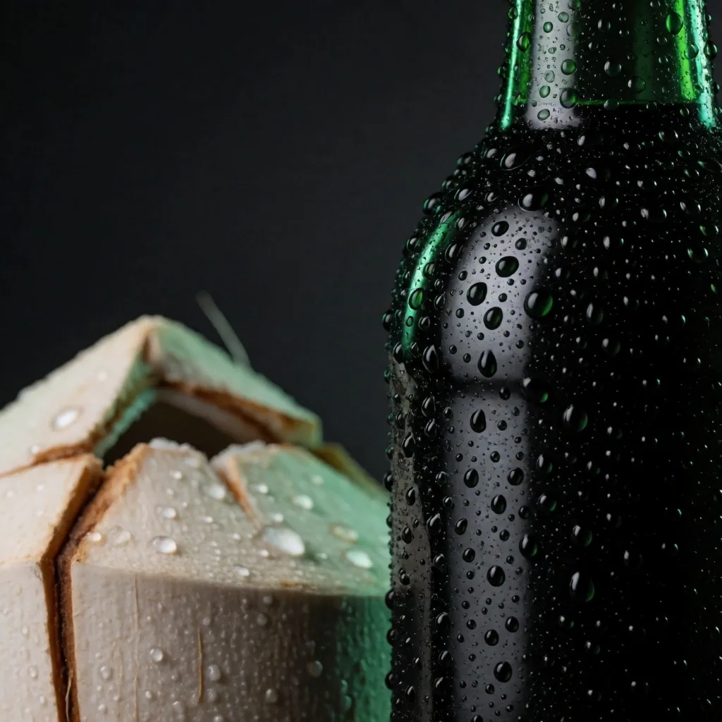 Hydration concept with coconut water on dark surface