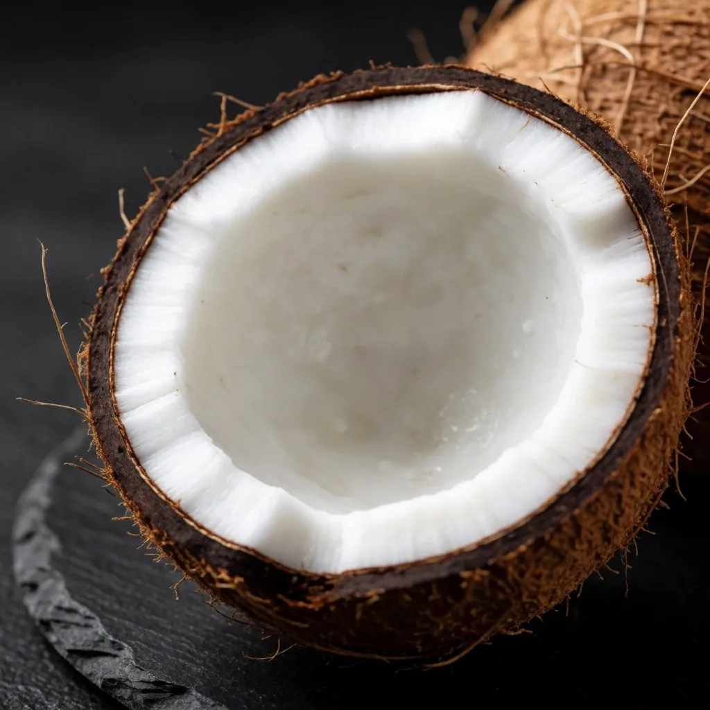 Close-up of a fresh fresh coconut under directional studio light