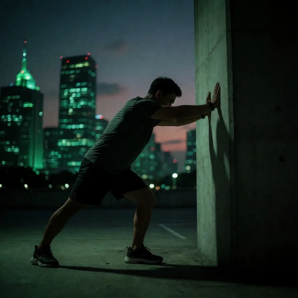 An active man stretching in low light after a Slovenj Gradec run