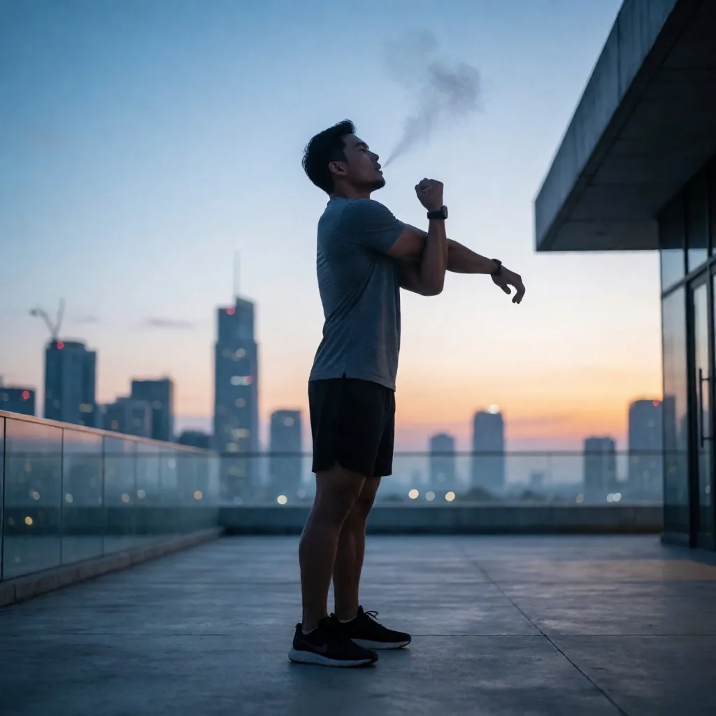 A man stretching on a Slovenj Gradec rooftop at dawn